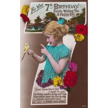Child Playing With Budgie Bird 7th 7 BirthdayTalking To Animals Antique Postcard