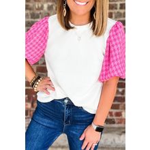 White Contrast Tweed Puff Sleeve Top