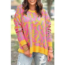 Vitality Orange Abstract Print Ribbed Trim Baggy Sweater