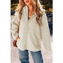 Beige Fleece Zip Up Drawstring Hooded Pocketed Jacket