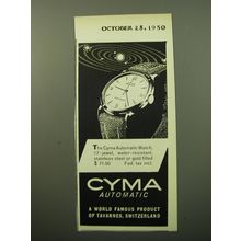 1950 Cyma Automatic Watch Ad - A world famous product of Tavannes, Switzerland