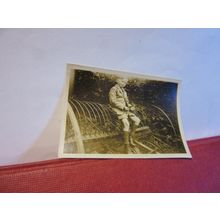young lad on farm machinary, horse drawn hay rake 1930s small photograph =