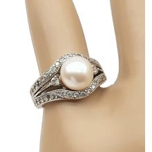 Vintage Art Deco Style 925 Sterling Silver and Cultured Pearl and Crystal Ring