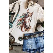 White Western Aztec Horse Graphic Crewneck Tee