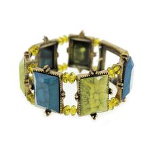 Antique Brass Tone Frame Link Faux Stone Stretchable Bracelet - Olive & Blue ...