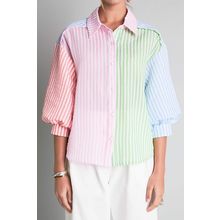 Pink Stripe Color Block Balloon Sleeve Buttoned Loose Fit Shirt