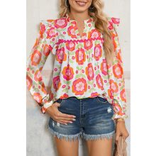 Rose Floral Printed Ruffled Long Sleeve Blouse