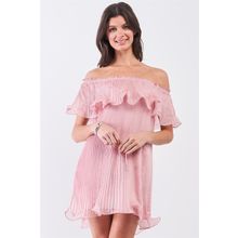 Women's Pink Pleated Off-the-shoulder Double Layered Frill Trim Mini Dress