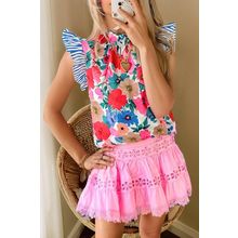 Sky Blue Floral Mock Neck Striped Flutter Sleeve Blouse