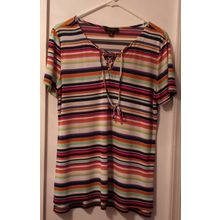 Women’s Espresso Multi-Color Stripe Short Sleeve Shirt (Sz L)