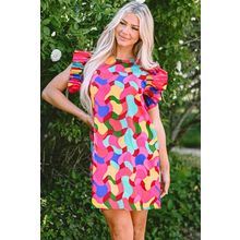 Rose Red Abstract Print Ruffle Sleeve Shift Dress