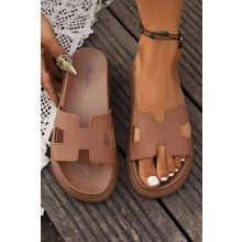 Chestnut Cutout Design Open Toe Platform Slippers