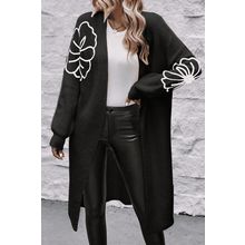 Black Flower Embroidered Drop Shoulder Open Front Duster Cardigan