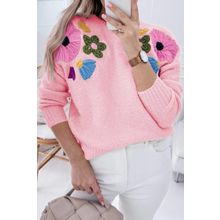 Pink Knitted Flower Pattern Ribbed Edge Sweater