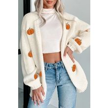 White Pumpkin Print Open Front Drop Shoulder Midi Cardigan