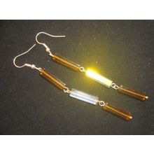 Different golden brown & opalescent white column glass long swing earring
