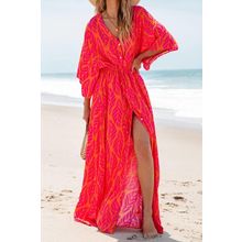 Orange Leafy Print 3/4 Sleeve V Neck Buttoned Split Maxi Dress
