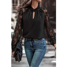 Black Keyhole Neckline Floral Lace Raglan Sleeve Blouse