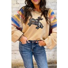 Light French Beige Sequined Rodeo Graphic Aztec Bubble Sleeve Patchwork Western