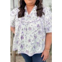 Purple Floral Trimmed Detail Split Neck Plus Size Top