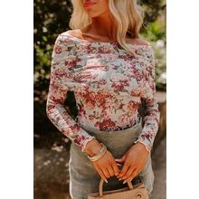 Pink Floral Printed Long Sleeve Sheath Bodysuit