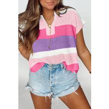 Pink Color Block Notch V Neck Sweater T Shirt