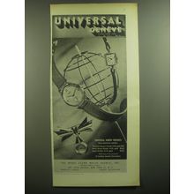 1947 Universal Geneve Ad - Woman's Square Watch, Men's Strap Watch, Lapel Watch