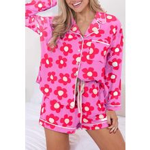 Pink Flower Print Long Sleeve Shirt Shorts Pajamas Set