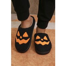 Black Halloween Pumpkin Face Graphic Plush Slippers