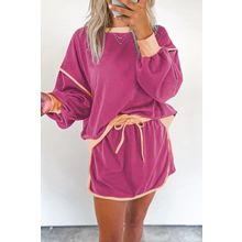Rose Red Color Contrast Loose Pullover and Lace-up Waist Skort Set