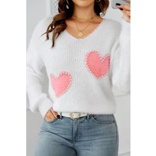 White Pearl Beaded Heart Pattern Fuzzy V Neck Sweater