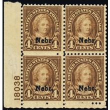 673, Mint NH 4¢ Nebr Plate Block of Four SCV $375.00 * Stuart Katz