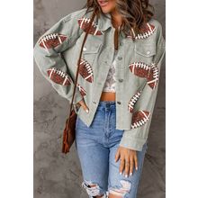 Sky Blue Sequined Football Patch Ribbed Cotton Jacket