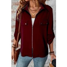 Red Dahlia Collar Tab Sleeve Zip Up Flap Detail Jacket