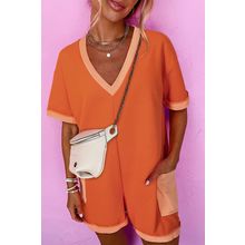 Russet Orange Two-tone Short Sleeve V Neck Patched Pocket Loose Romper