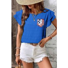 Dark Blue Textured Sequin Stars and Stripes Patched Ruffled Short Sleeve Blouse