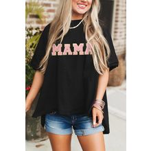 Black MAMA Patched Graphic Drop Shoulder Loose Tee
