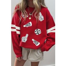 Fiery Red Cheer for Game Day Sequin Patched Oversize Varsity Sweatshirt