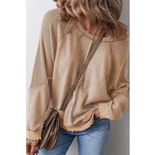Light French Beige Solid Waffle Knit Patchwork Raglan Sleeve Sweatshirt