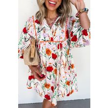 Beige Floral Print 3/4 Puff Sleeve Ricrac Trim Mini Dress