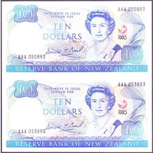 1990 New Zealand Banknote 10 Dollars Brash Type II 150th Anniversary Uncut Pair