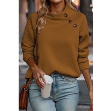 Chestnut Quilted Buttoned Neckline Stand Neck Pullover Sweatshirt