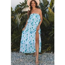 Green Floral Print Ruffled Side Slit Tube Top Maxi Dress