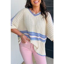 White Striped V Neck Dolman Sleeve Rib Knit Oversized Sweater with Slits