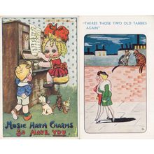Music Hath Charms Two Old Tabbies Piano 2x Old Comic Postcard s
