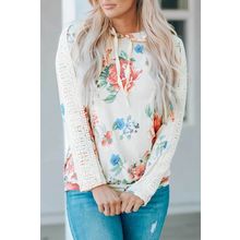 Apricot Floral Print Lace Contrast Long Sleeve Hoodie