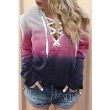 Pink Gradient Lace Up Long Sleeve Pullover Hoodie