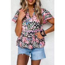 Pink Ricrac Floral Tiered Short Sleeve Blouse