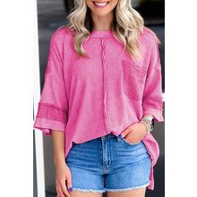 Bright Pink Oversized Mineral Wash Textured Bracelet Sleeve Top