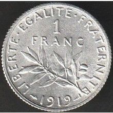 1919 France 1 Franc Silver Coin